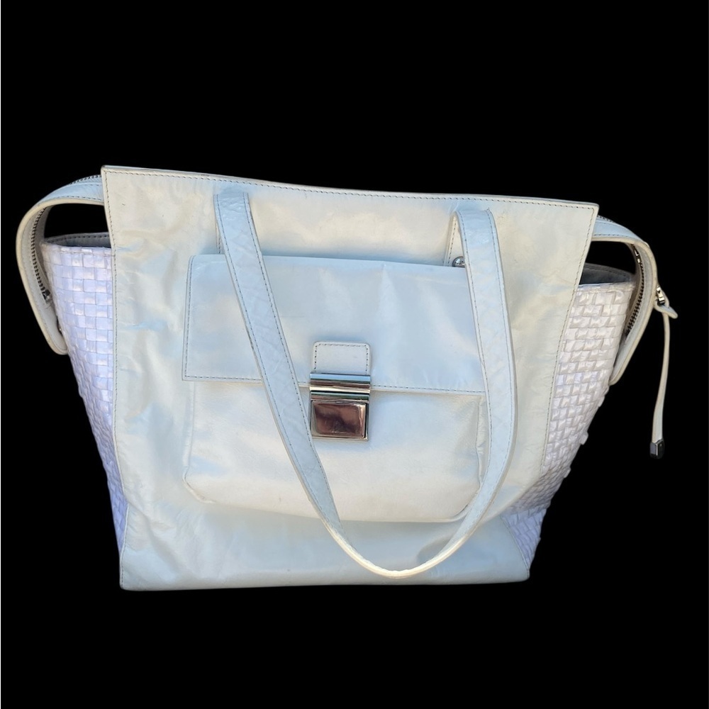 Badgley Mischka Helena Raffia Shine Smooth Leather Tote
